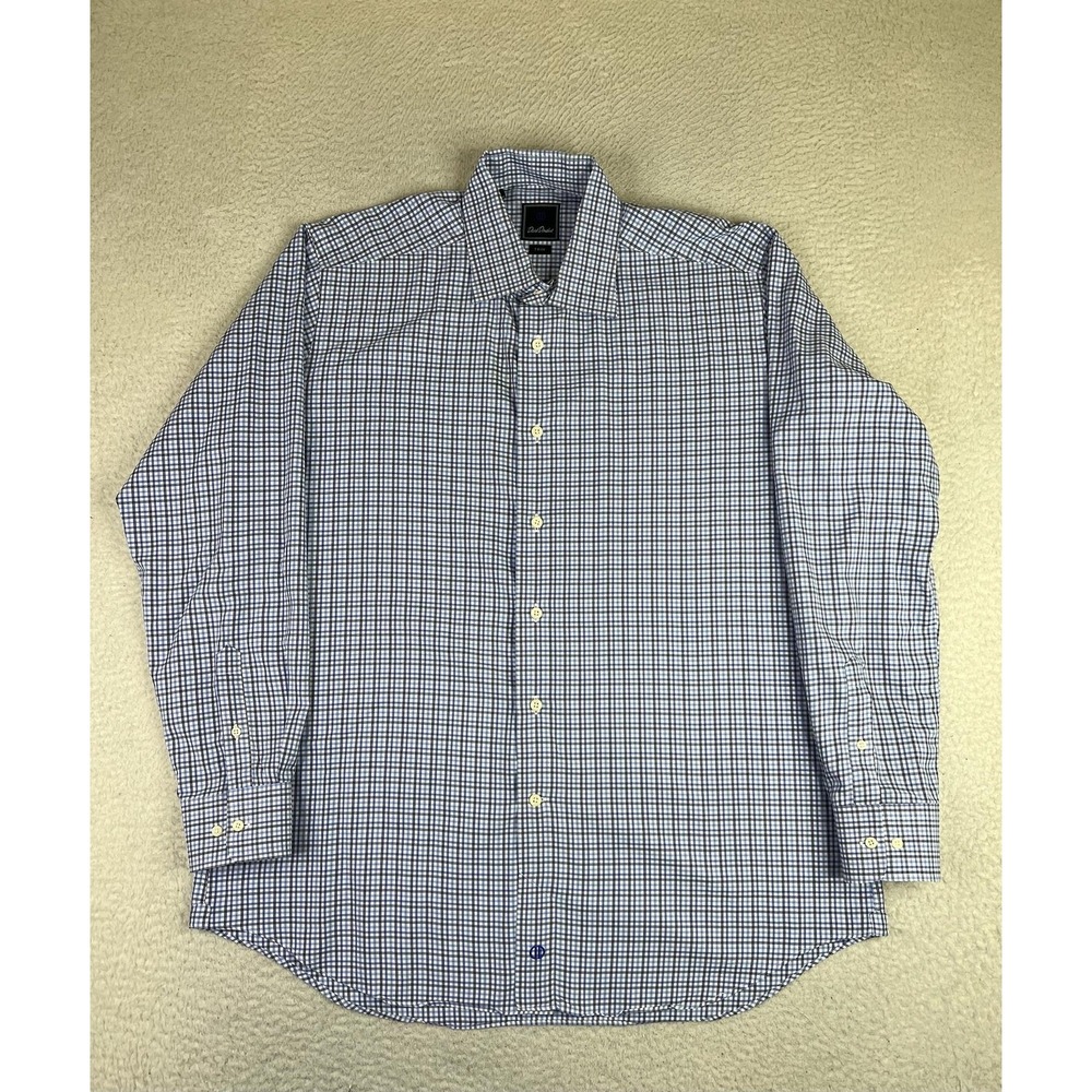 David Donahue Dress Shirt Mens 17.5 34/35 Blue Check Trim Fit Cotton LS